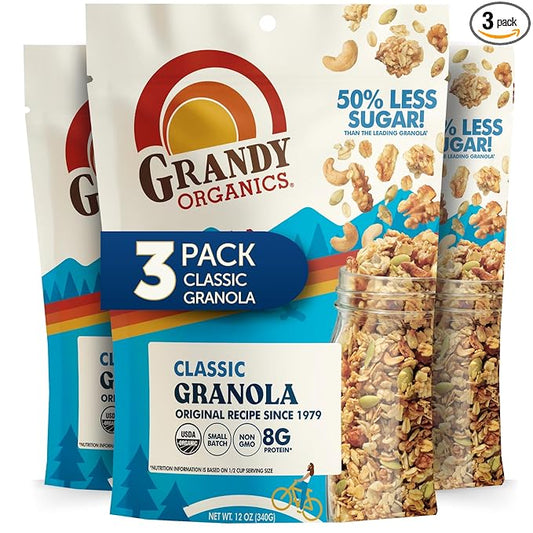 Grandy Organics Classic Granola, Certified Organic Granola Cereal, Low Sugar - Made with Oats, Pumpkin Seeds, Walnuts and Cashews, 12oz Bags, Bulk Pack of 3