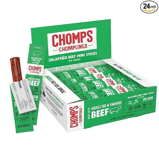 Chomps Snack Size Grass-Fed and Finished Jalapeño Beef Jerky Snack Sticks 0.5oz 24-Pack - Keto, Paleo, Whole30, 4g Lean Meat Protein, Gluten-Free, Zero Sugar Food, Non-GMO Chomplings