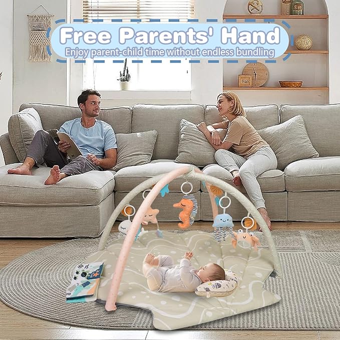 Baby Play Mat, Oversize Shell Tummy Time Mat with 6 Detachable Baby Activity Toys, Baby Gyms & Playmats for Babies 0-6 Months, Baby Mat for Floor Newborn Baby Shower Gifts (Beige)