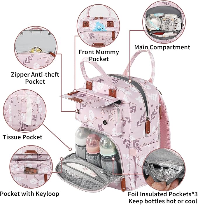 Diaper Bag Backpack for Baby Girl, Multifunction Waterproof Diaper Bag for Mom Dad, Large Pink Floral Baby Diaper Bags, Baby Essentials Travel Bag with Stroller Straps, Large Capacity, Stylish