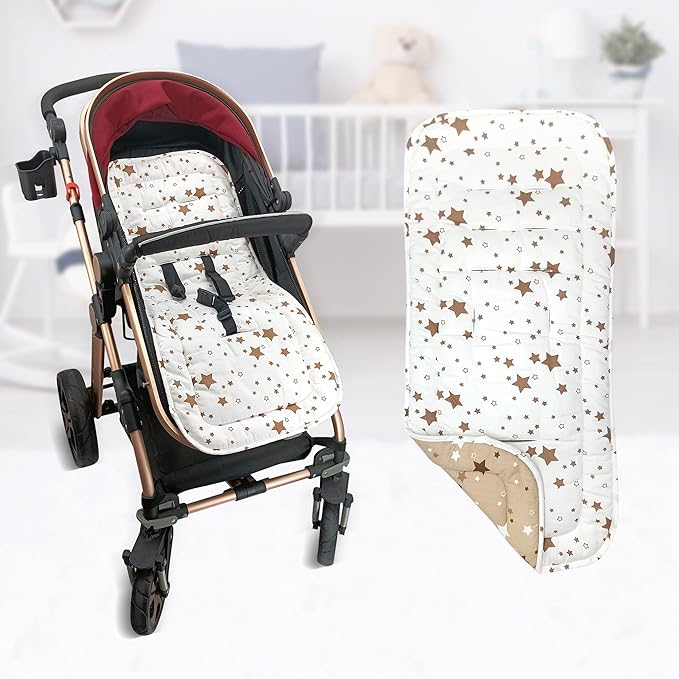 Baby Stroller Cushion,Infant Car Seat Insert-Reversible Universal Breathable and Soft Newborn Stroller Mat, 100% Cotton Cover Toddler Seat Pad Liner-34x78cm,1 Pack（White + Brown Stars）