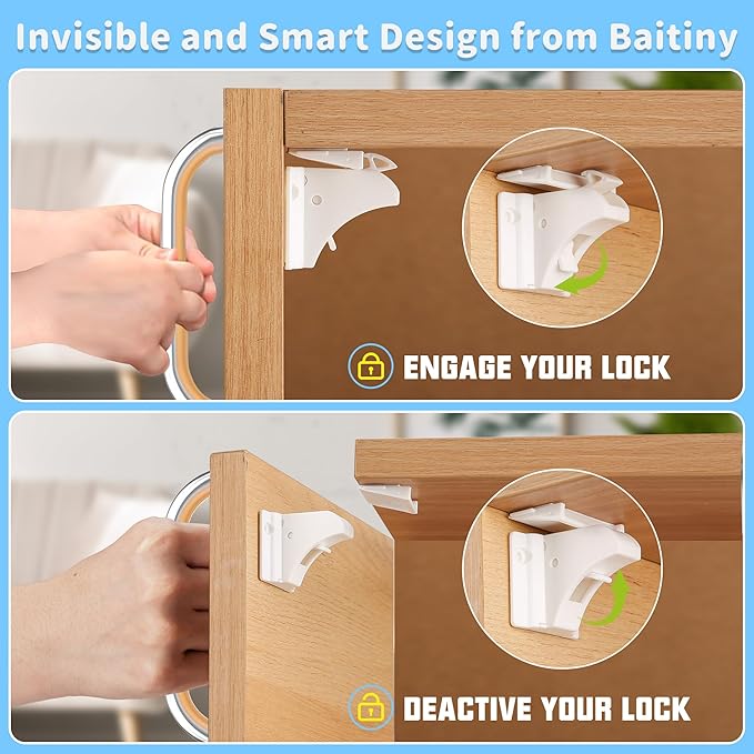 12 Pack Magnetic Cabinet Locks Baby Proofing - Baitiny Child Proof Cupboard Drawers Latches - Adhesive Easy Installation
