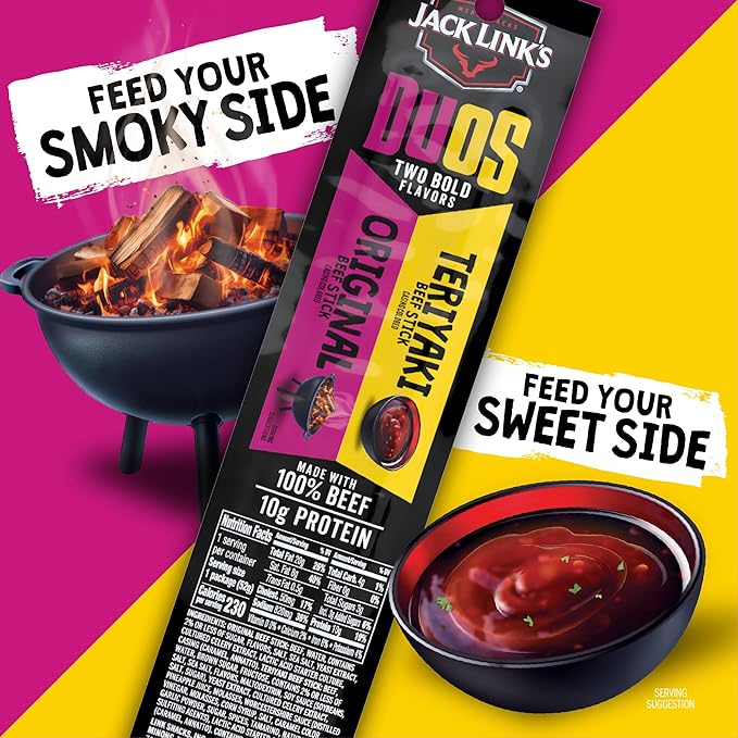 Jack Link's DUOs Beef Jerky Meat Snack Sticks with 10g Protein – Original & Teriyaki, Made with 100% Beef, Two Flavors in One Package, 1.84oz (10 Pack of 2 Sticks)