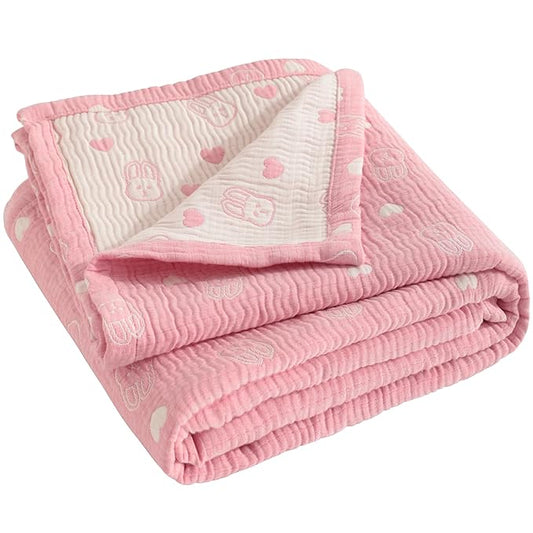 NTBAY 3 Layer Muslin Cotton Toddler Blanket, Jacquard Reversible Nursery Bed Blanket, Super Soft and Thermal for All Seasons, Decoration Gift, 30"x40", Pink Rabbit