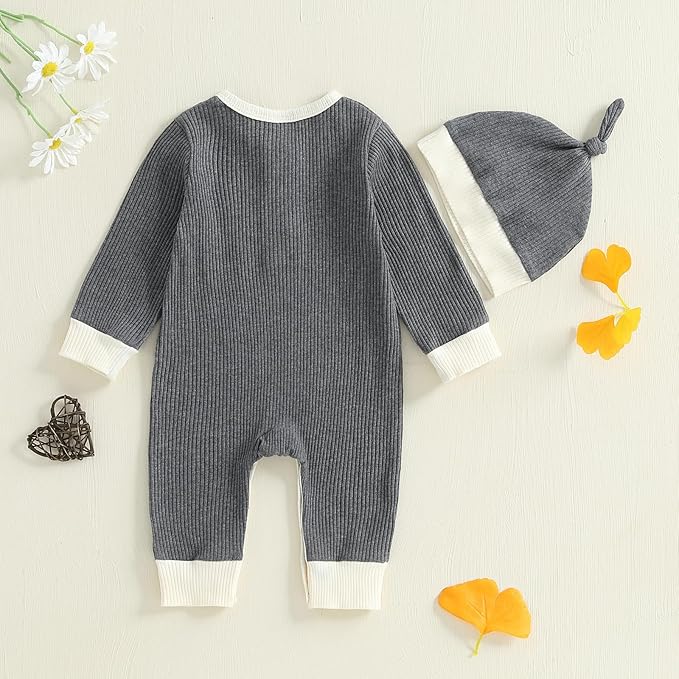 fhutpw Newborn Baby Boy Clothes Ribbed Knit Bodysuit 3 6 Months Infant Fall Long Sleeve Splicing Color Romper Jumpsuit & Hat