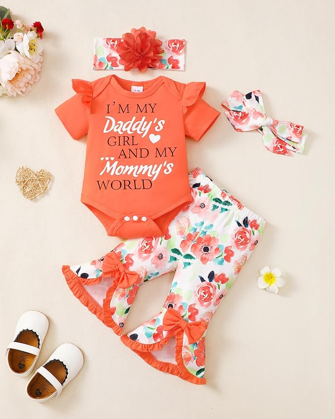 SUNNY PIGGY Newborn Baby Girl Clothes Infant Outfits Romper Floral Fall Outfit Bell Bottoms Pant Sets Hat Headband Flowerpant