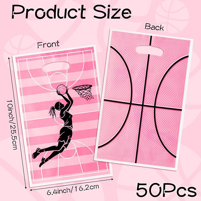 Basketball Party Favor Bags - 50Pcs Pink Basketball Goody Candy Treat Gifts Bags, Sport Themed Party Decorations for Adults Kids Boys Girls Birthday Outdoor Sports Events Supplies