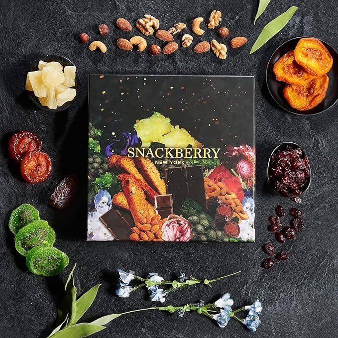 Dried Fruit & Nuts Gift Basket Arrangement Platter, Gourmet Food Snack Box, For Christmas, New Years, Birthday Care Package, Healthy Kosher - Her Him - 12 Snackberry Assortment (6-Pack)