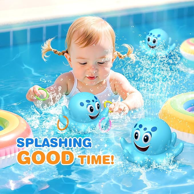Octopus Bath Toys for Toddlers| Rechargeable Automatic Sprinkler Water Toys with LED Lights & 4 Toss Rings,150 Mins Battery Life,Baby Toys for 6-12 12-18 Months Gifts for Boys Girls 1-5 Years Old