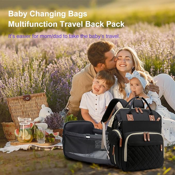 Diaper Bag with Changing Station, Waterproof Baby Bags for Boys & Girls, USB Charging Port for Parents, Must-Have Baby Essentials & Lovely Baby Shower Gifts, Black