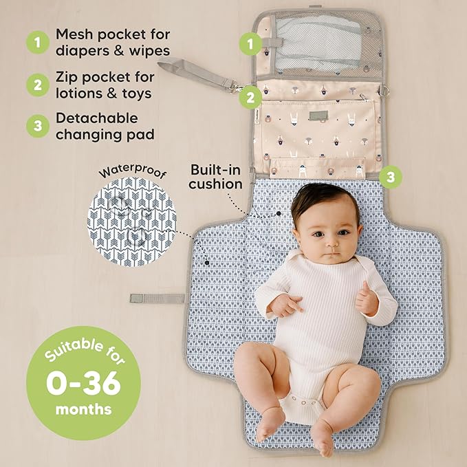 KeaBabies Portable Diaper Changing Pad - Large Waterproof Baby Changing Mat, Compact Travel Diaper Clutch, Functional Pockets Fit Newborn Essentials, Wipeable & Padded Baby Changer (Wild Patrol)