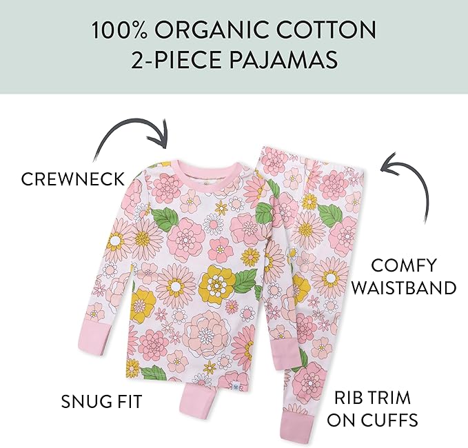 HonestBaby baby-girls 2-piece Pajamas Sleepwear Pjs 100% Organic Cotton for Baby, Toddler, Kids, Girl