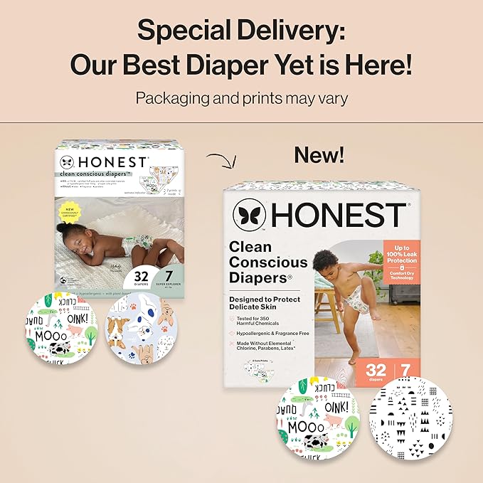 The Honest Company Clean Conscious Diapers for Delicate Skin | Up to 100% Leakproof | Hypoallergenic, Fragrance Free | Gender Neutral | Club Box, Size 7 (41+ lbs), 32 Count (Prints May Vary)