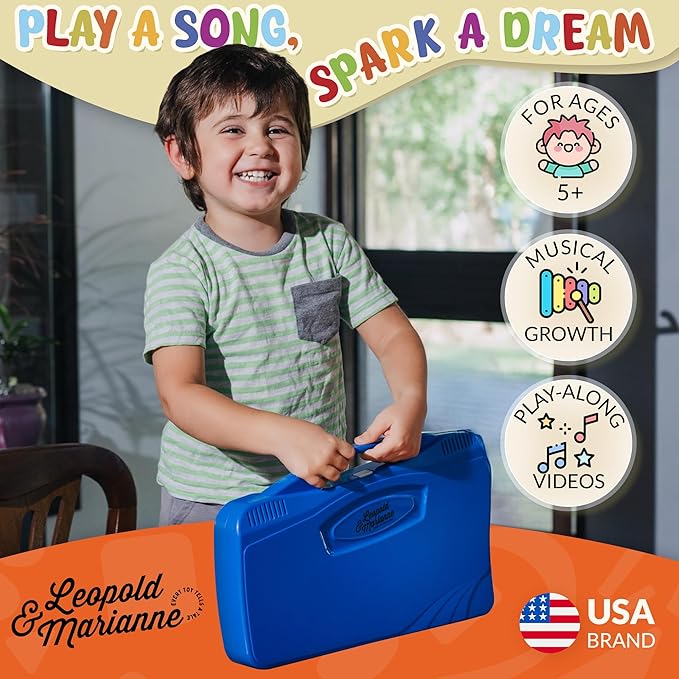 Leopold & Marianne | Xylophone for Kids Ages 5-9 | Kids Musical Instrument | Glockenspiel 25 Notes Chromatic | Color Metal Keys | Music Book Included, Play-Along Videos, Blue Carry Plastic Case