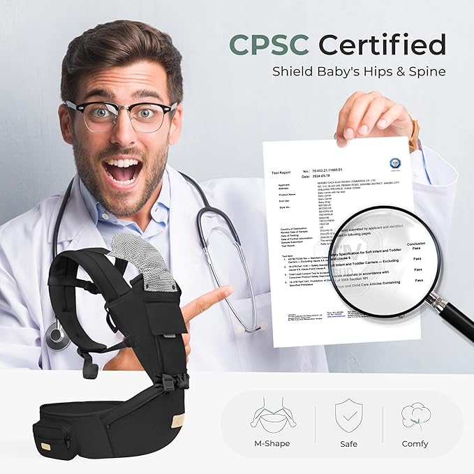 FRUITEAM 6-in-1 Baby Carrier with Waist Stool/Hip Seat for Breastfeeding, One Size Fits All - Adapt to Newborn, Infant & Toddler (Cool Black)