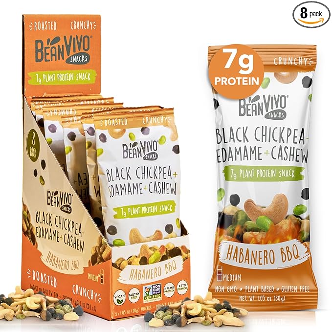 BeanVIVO Healthy Snacks for Adults & Kids with 7g Protein & 5g Fiber per Serving with Dried Edamame, Roasted Cashew and Black Chickpeas - Vegan & Gluten Free - Keto Friendly & Non-GMO - 8Pack (1.05 oz Each Pouch)