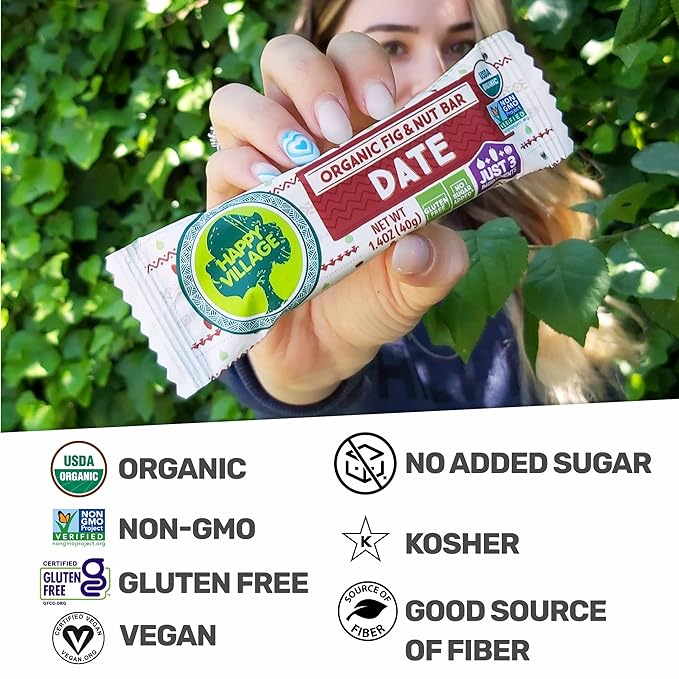 Happy Village Organic Fig & Nut Bars, DATE | Only 3 Ingredients, Gluten Free, No Added Sugar, Kosher, Non-GMO, Vegan, Good Source of Fiber | Organic Healthy Snack Bars (16 bars, 1.4 OZ each)