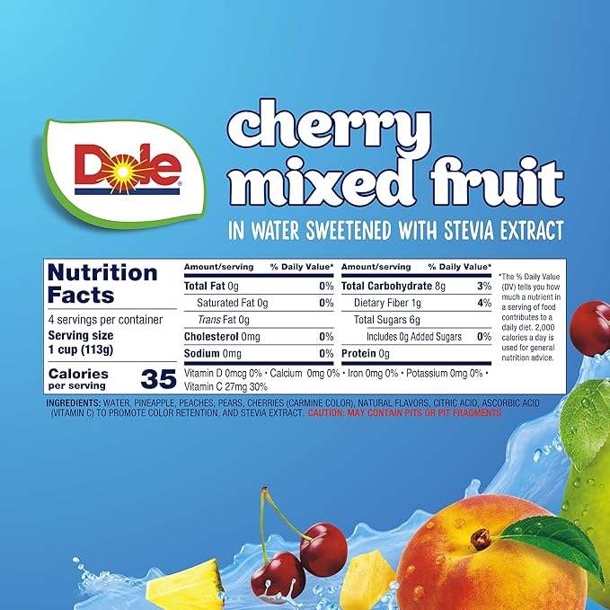 Dole Fruit Bowls No Sugar Added Snacks, Cherry Mixed Fruit 4oz 24 Cups, Gluten & Dairy Free, Bulk Lunch Snacks for Kids & Adults