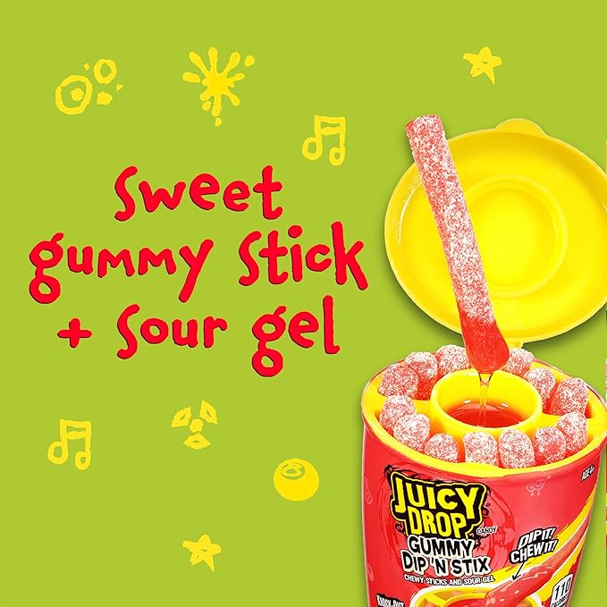 Juicy Drop Gummy Dip 'N Stix Assorted Candy Variety Pack, Sweet Gummy Sticks W/ Sour Dipping Gel, 8 Pack, Assorted For Kids Parties and Party Favors, Sour Candy Variety for Kids