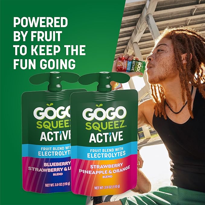 GoGo squeeZ Active Fruit Blend with Electrolytes | 18-Count Variety Pack | Blueberry Strawberry Lemon & Strawberry Pineapple Orange | Made with Real Fruit and Antioxidants Vitamin A, Vitamin E, & Vitamin C