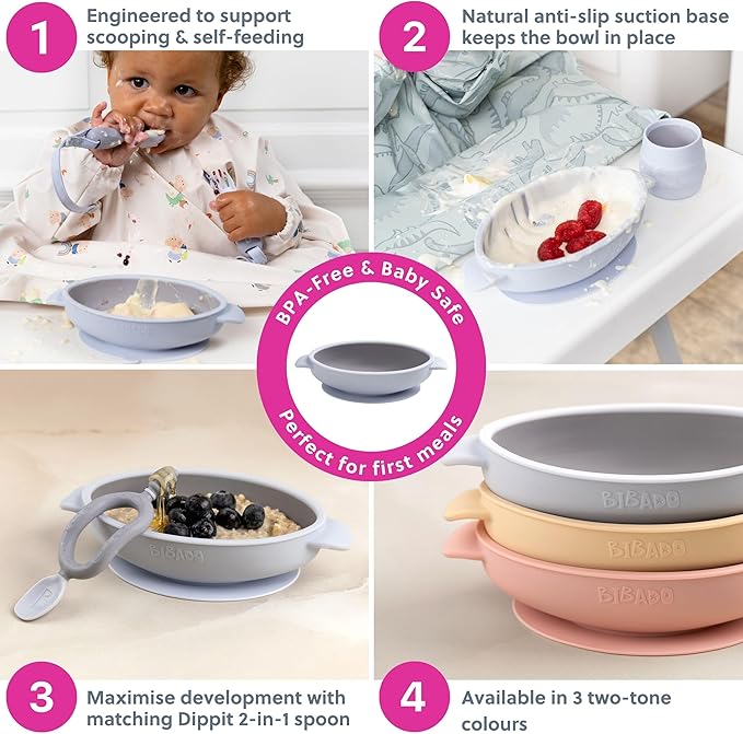 BIBaDO - Silicone Baby Bowl (Mist) - Stay Put Suction Bowl - Oval Shape - First Meals & Snacks - Durable, Dishwasher & Microwave Safe, BPA Free - Medical Grade - Baby Essentials - 6 Months to 3 Years