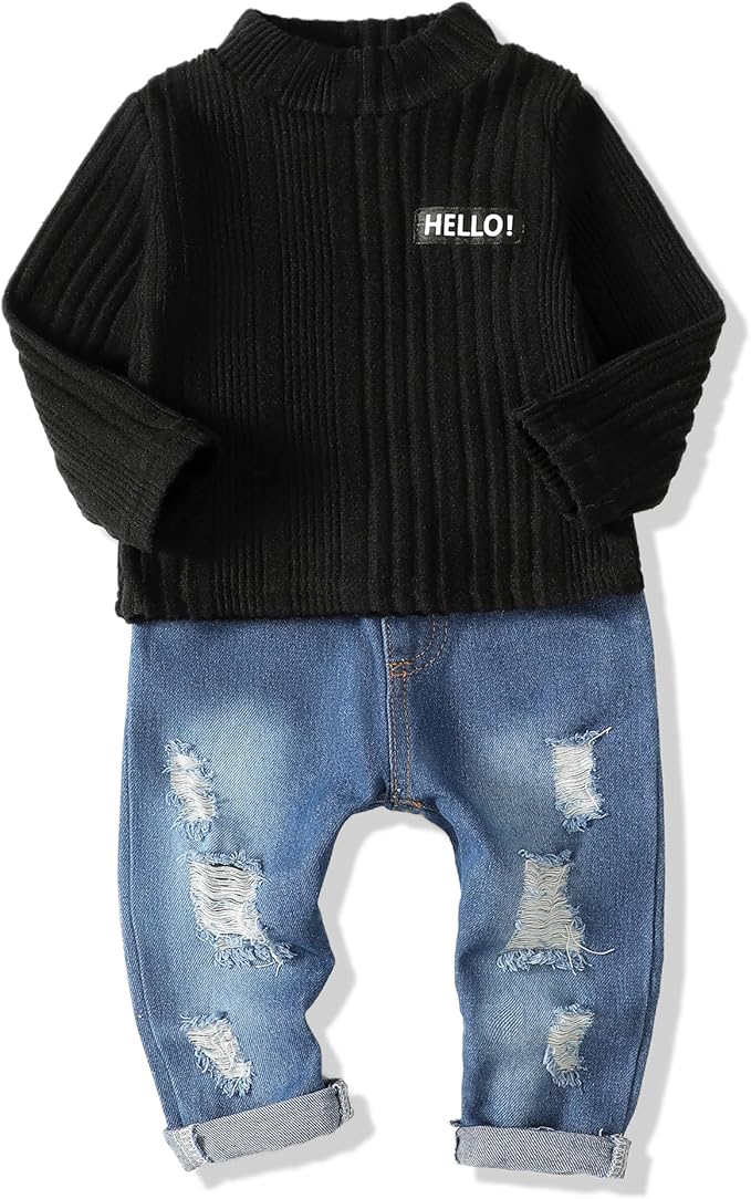 NZRVAWS Toddler Baby Boy Clothes Pullover Sweater Ripped Jean Sweatsuit Little Boy Outfit Fall Winter Clothing Set 6M-7T