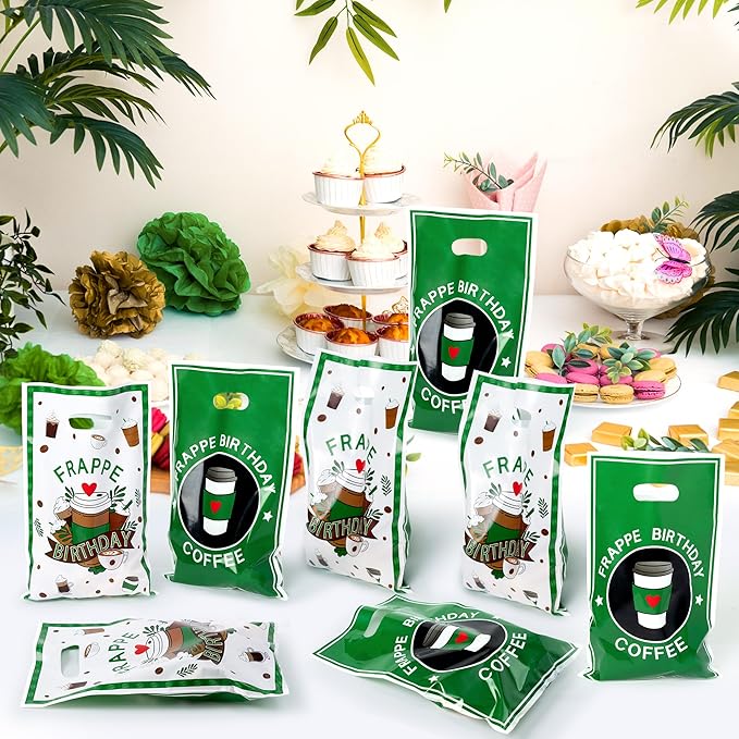 Frappe Coffee Party Favor Bags - 50Pcs Green Frappe Birthday Goody Candy Treat Gifts Bags, Coffee Themed Party Decorations for Kids Birthday Cafe Pastry Afternoon Tea Events Supplies