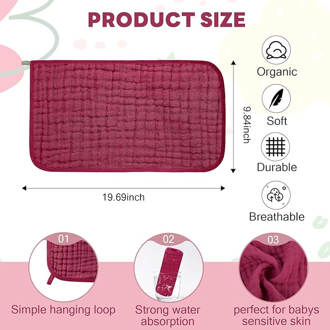 Tallew 8 Pack Baby Burp Cloth Sets with Muslin Burps and Bibs Washable Reusable Waterproof Soft Rags for Unisex Newborn Toddler Baby Boys and Girls Drooling Teething, 20 x 10 Inch(Dark Pink)