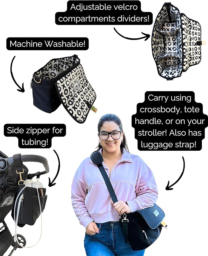 Sarah Wells Stroller Caddy & Pump Bag – Insulated Neoprene Diaper Organizer with Crossbody Strap, Machine Washable, Luggage Sleeve – Fits Single & Double Strollers (Black)