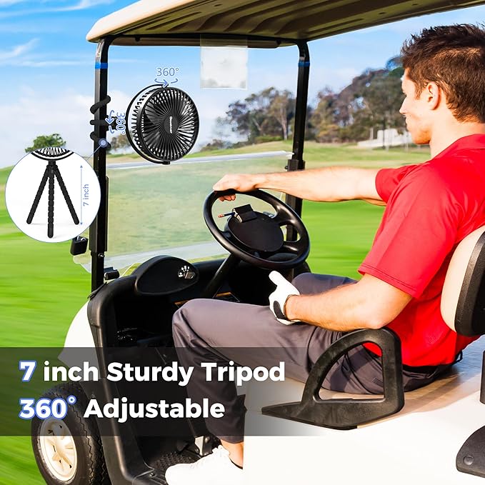 10000mAh Rechargeable Golf Cart Fan, 50H Run, Compatible with EZGO Club Car Yamaha, 7 inch Clip On Fan with Sturdy Tripod, 360° Pivot, 3 Speed & Timer, Cooling for Golf Cart Golf Palyer Essential