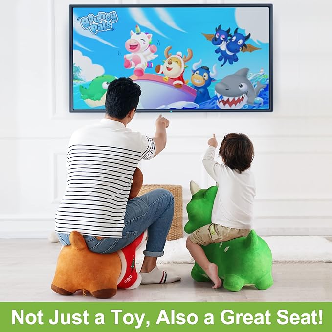 iPlay, iLearn Bouncy Pals Dinosaur Hopper Toy 2 Year Old Boy, Toddler Plush Bounce Animals, Ride on Bouncing Triceratops for Kids, Outdoor Hopping Horse Bouncer, Cool Birthday Gifts 3 4 5 6 Yr Girls