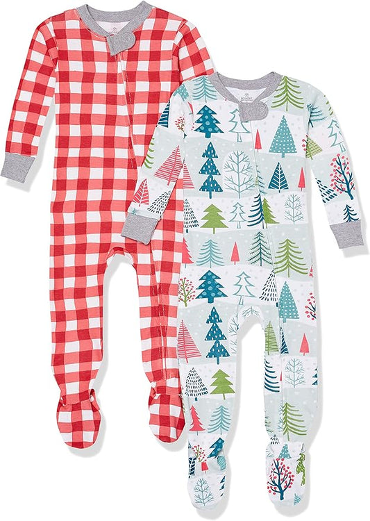 HonestBaby Non-Slip Footed Holiday Pajamas One-Piece Sleeper Zip-Front PJs Organic Cotton for Baby Boys, Girls, Unisex