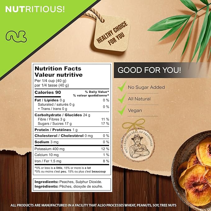 NUT CRAVINGS - Sun Dried California Peaches, No Sugar Added (16oz, 1 LB) Bulk Dry Fruits Packed Fresh in Resealable Bag - Sweet Healthy Snack, Naturally Grown, Vegan, Kosher