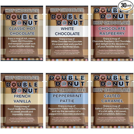 Double Donut Flavored Hot Chocolate Packets, Gourmet Hot Cocoa Mix Variety Pack 30 Count Includes Classic, White Chocolate, Choc Raspberry, Salted Caramel, French Vanilla & Peppermint