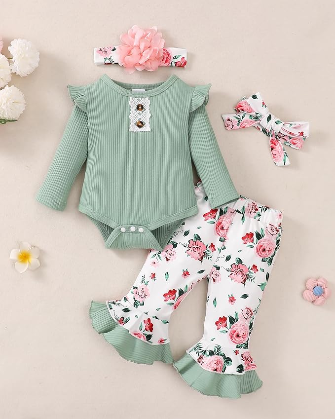 Renotemy Newborn Baby Girl Clothes Outfits Infant Romper Ruffle Floral Pants Cute Toddler Baby Girl Clothes Set