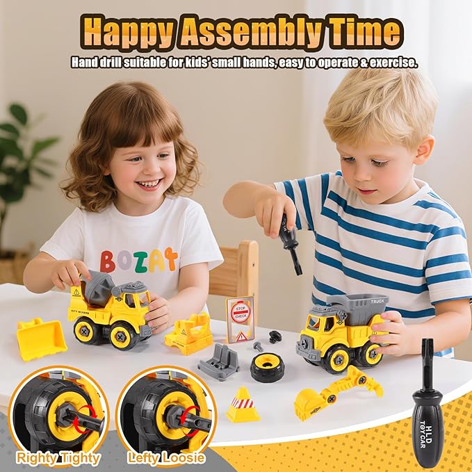 LUDILO Toddler Kids Toys Boys 3-5: Mini DIY Assembly Stem Learning Educational Building Toy Cars with Electric Drill Sandbox Beach Construction Toy Trucks, 2 3 4 5 Year Old Boy Toys Birthday Gift Xmas