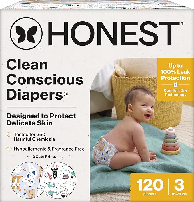 The Honest Company Clean Conscious Diapers for Delicate Skin | Up to 100% Leakproof | Hypoallergenic, Fragrance Free | Gender Neutral | Super Club Box, Size 3 (16-28 lbs), 120 Count (Prints May Vary)