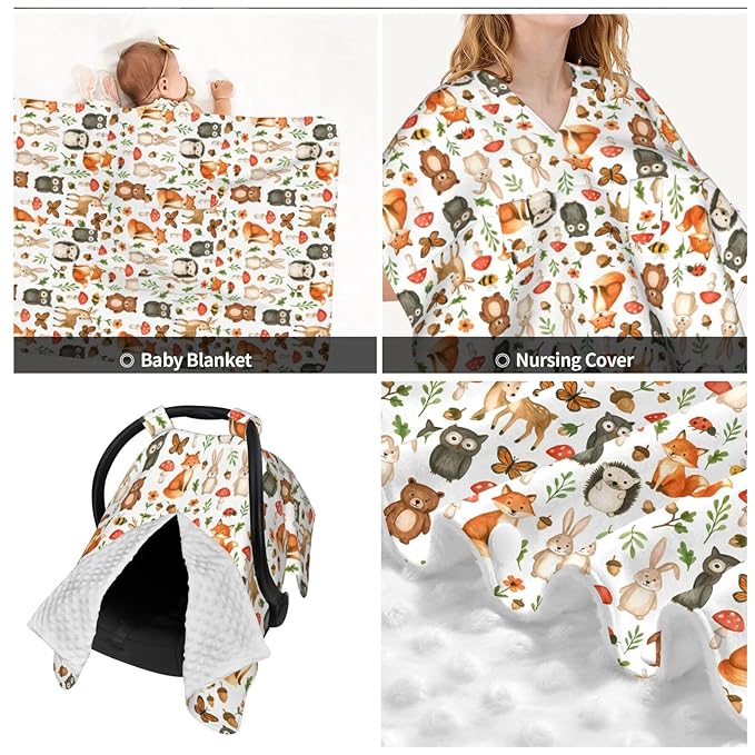KiuLoam Woodland Animals Baby Car Seat Canopy, Nursing Cover for Mom Breastfeeding Scarf, Infant Car Seat Cover/Multiuse Baby Stroller Covers for Babies Boys Girls