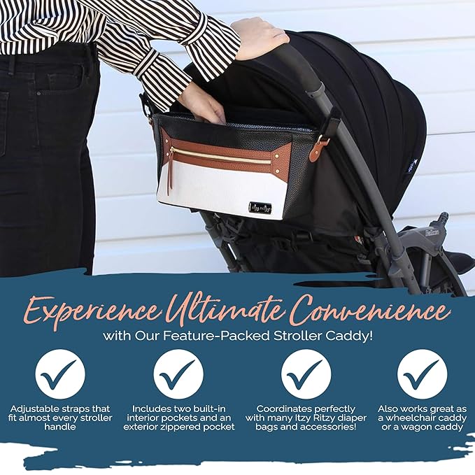 Itzy Ritzy Adjustable Stroller Caddy and Organizer Bag Featuring Front Zippered Pocket, 2 Built-In Interior Pockets & Adjustable Straps to Fit Nearly Any Stroller (Coffee and Cream)