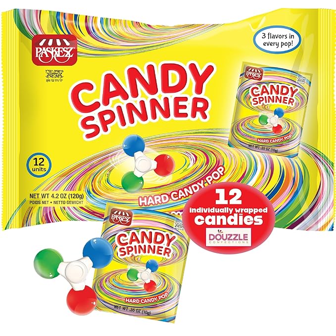 DOUzzle Back To School Candy Fidget Spinner, Hard Candy Lollipop 3 Flavors (12 count, 1 Pack) Individually Wrapped, Party Favor, Goodie Bag & Pinata Filler - Kosher Parve