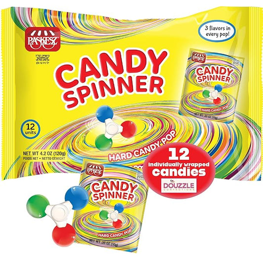 DOUzzle Back To School Candy Fidget Spinner, Hard Candy Lollipop 3 Flavors (12 count, 1 Pack) Individually Wrapped, Party Favor, Goodie Bag & Pinata Filler - Kosher Parve