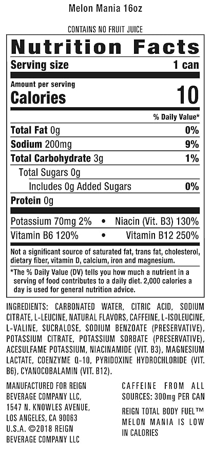 Reign Total Body Fuel, Melon Mania, Fitness & Performance Drink, 16 Fl Oz (Pack of 12)