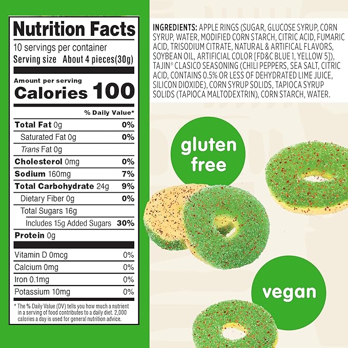 Snak Club Tajin Apple Rings Gummy Candy, Fruit Candy Gummies with Chili and Lime Seasoning, Mild, Gluten-Free and Vegan Snacks, 11 oz Resealable Bag