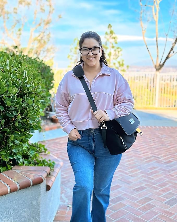 Sarah Wells Stroller Caddy & Pump Bag – Insulated Neoprene Diaper Organizer with Crossbody Strap, Machine Washable, Luggage Sleeve – Fits Single & Double Strollers (Black)