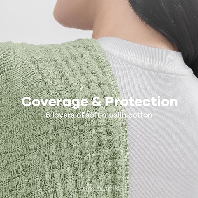 Comfy Cubs Muslin Burp Cloths 20" x 10", Pack of 6 - Large, 6-Layer, Ultra Absorbent 100% Cotton for Baby Drool and Messes - Soft, Safe & Gentle Baby Burp Cloths Set for Boys & Girls - Sage