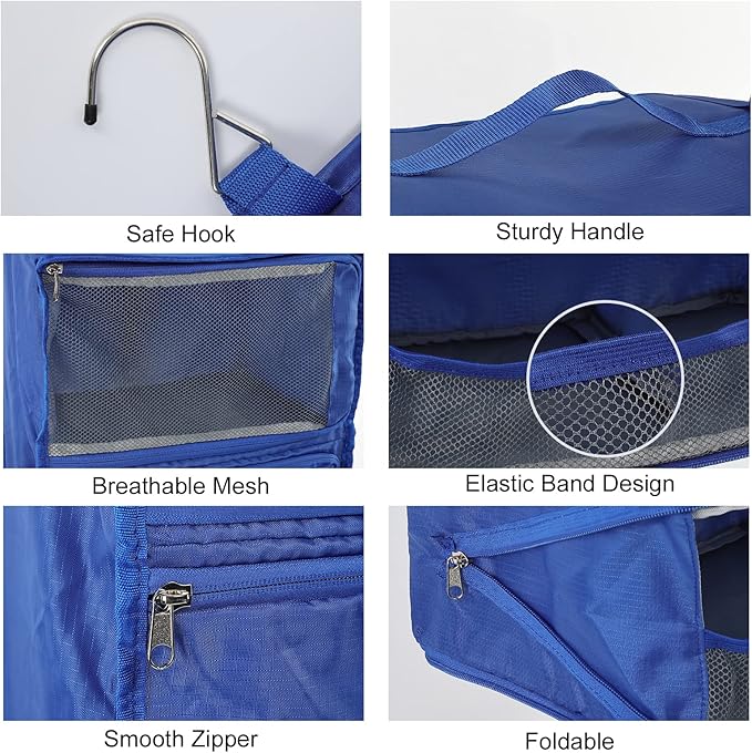 TABITORA Travel Portable Hanging Shelves Closet Organizer Packing Luggage Organizer and Storage with Multifunctional and Foldable Invisible Compartment,Lightweight,for Suitcase, RV,Closet…Blue,XL