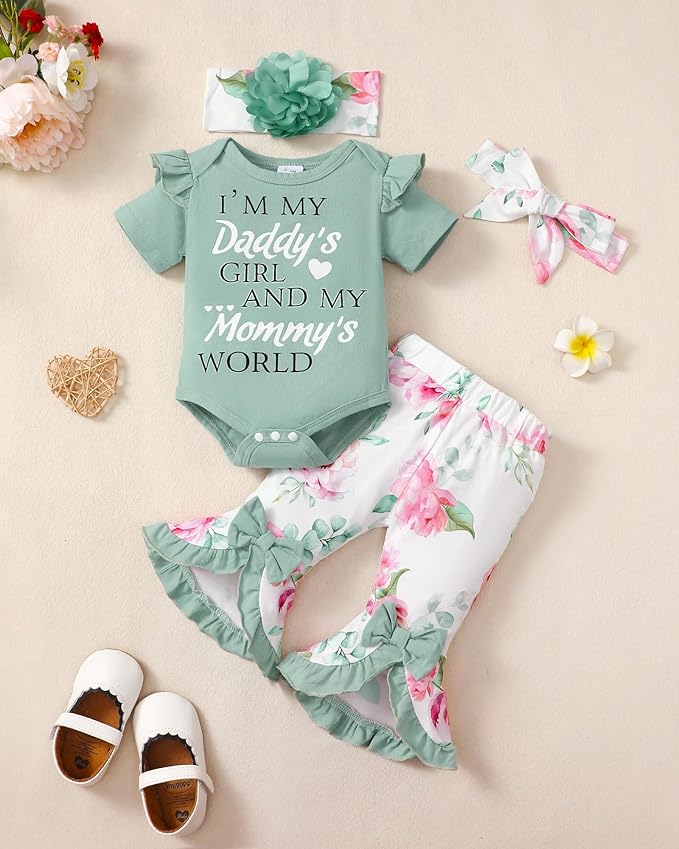 SUNNY PIGGY Newborn Baby Girl Clothes Infant Outfits Romper Floral Fall Outfit Bell Bottoms Pant Sets Hat Headband Flowerpant