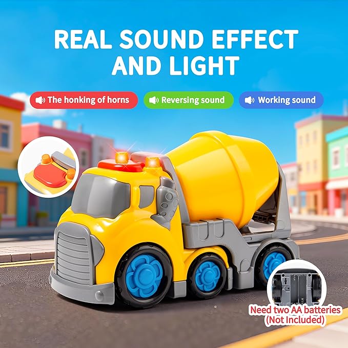P&C 7.7" Toddlers Construction Cement Mixer Truck Toys for Ages 2-4, Mixer Truck Vehicle Car Set with Sounds and Lights for Kids 18M+, 2, 3, 4 Year Old, Ideal Birthday Christmas Gifts for Boys Girls