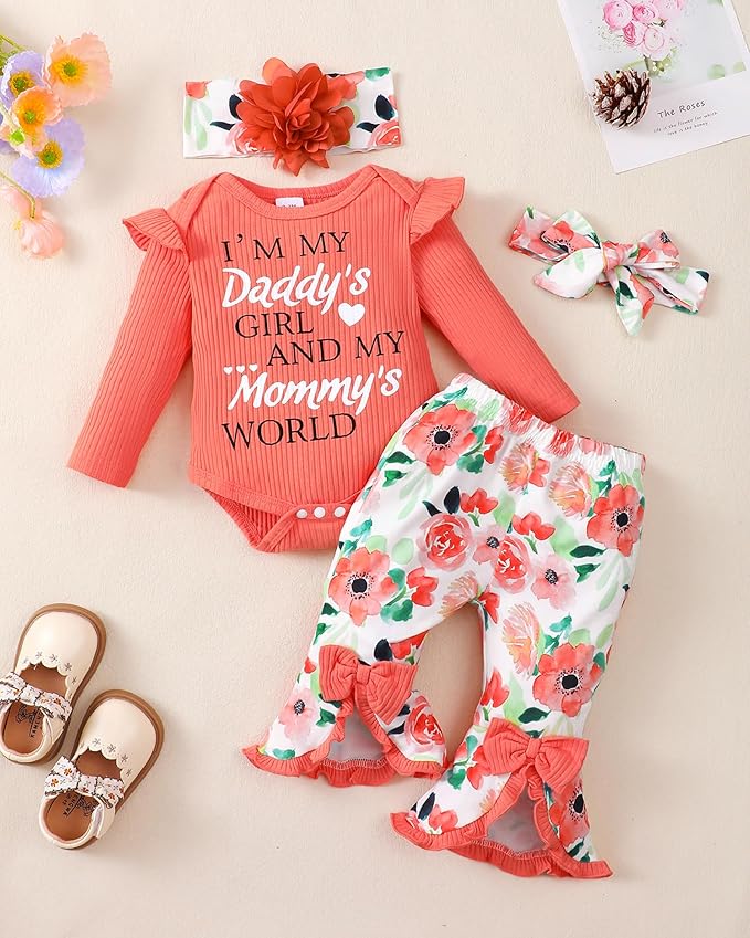 SUNNY PIGGY Newborn Baby Girl Clothes Infant Outfits Romper Floral Fall Outfit Bell Bottoms Pant Sets Hat Headband Flowerpant