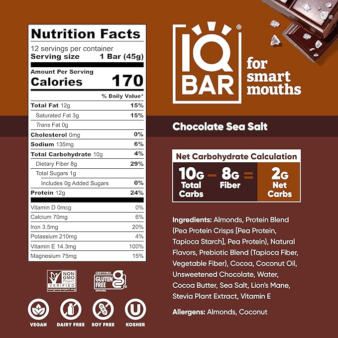 IQBAR Brain and Body Keto Protein Bars - Chocolate Lovers Variety and Chocolate Sea Salt - 12 Count Energy Bars - Low Carb Protein Bars - High Fiber Vegan Bars Low Sugar Meal Replacement Bars